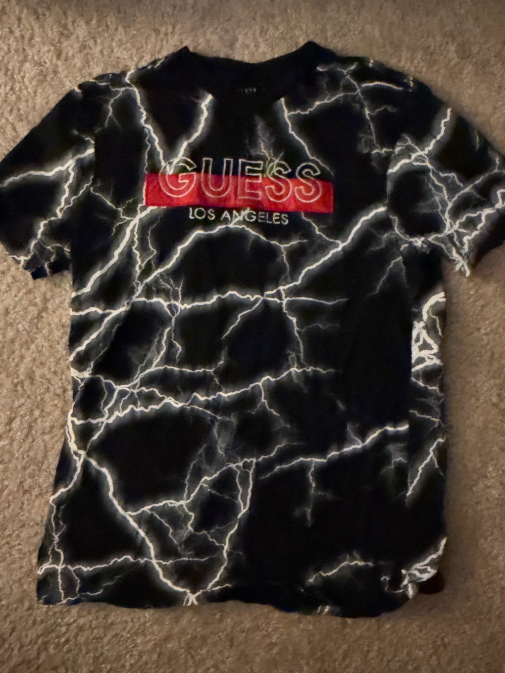 Guess Black Tee with White Lightning and Red Logo Bar